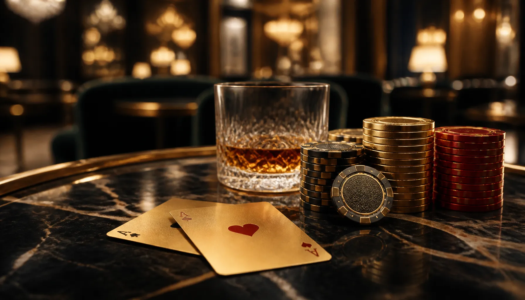 Close-up of fanned playing cards resting on deep emerald velvet with golden light accents and scattered casino chips