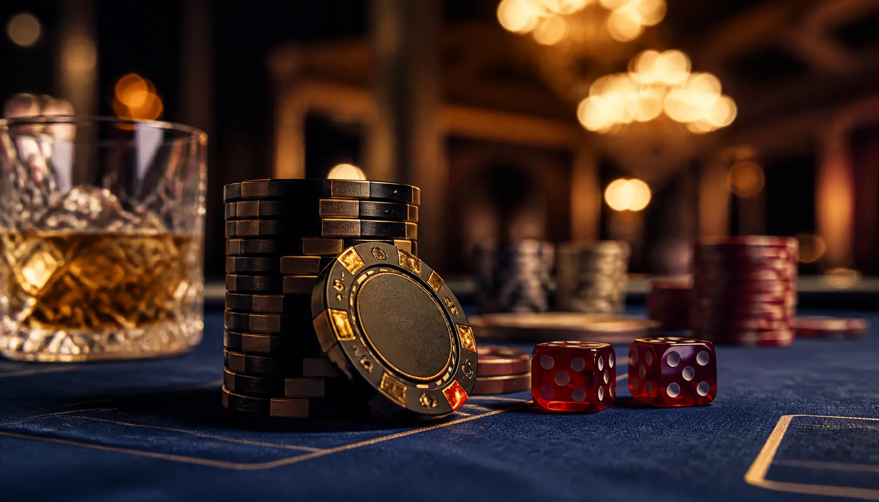 Close-up of fanned playing cards resting on deep emerald velvet with golden light accents and scattered casino chips