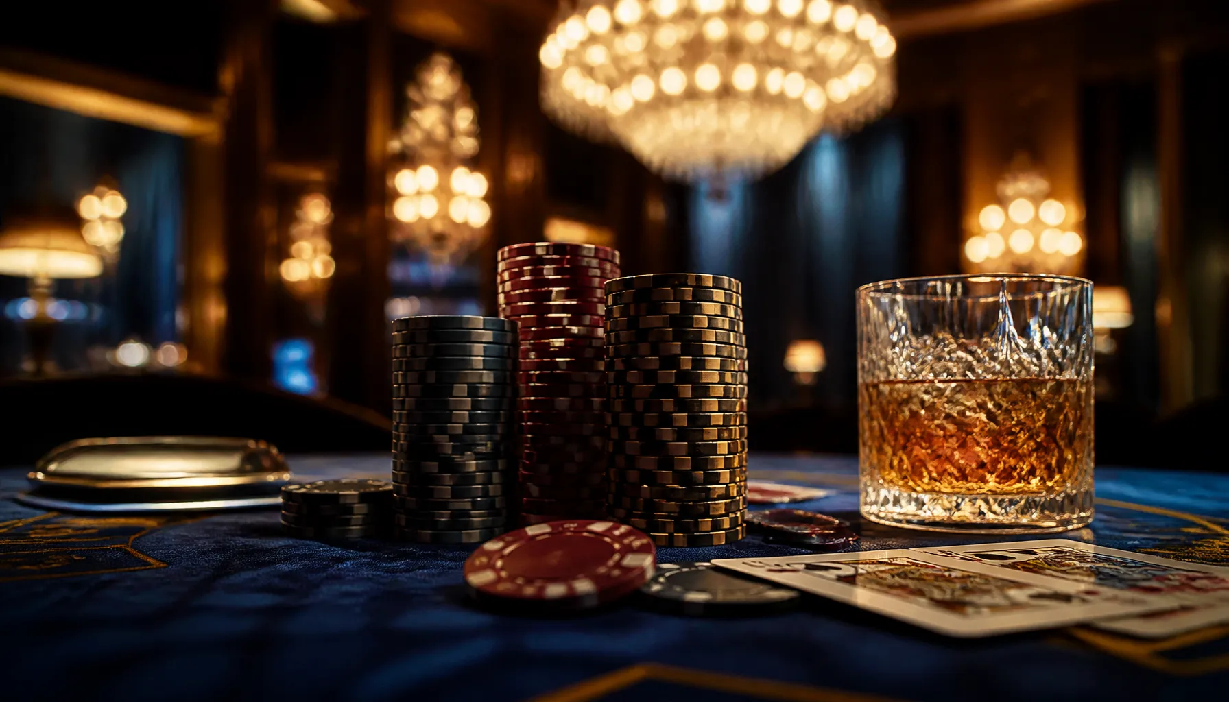 Close-up of fanned playing cards resting on deep emerald velvet with golden light accents and scattered casino chips