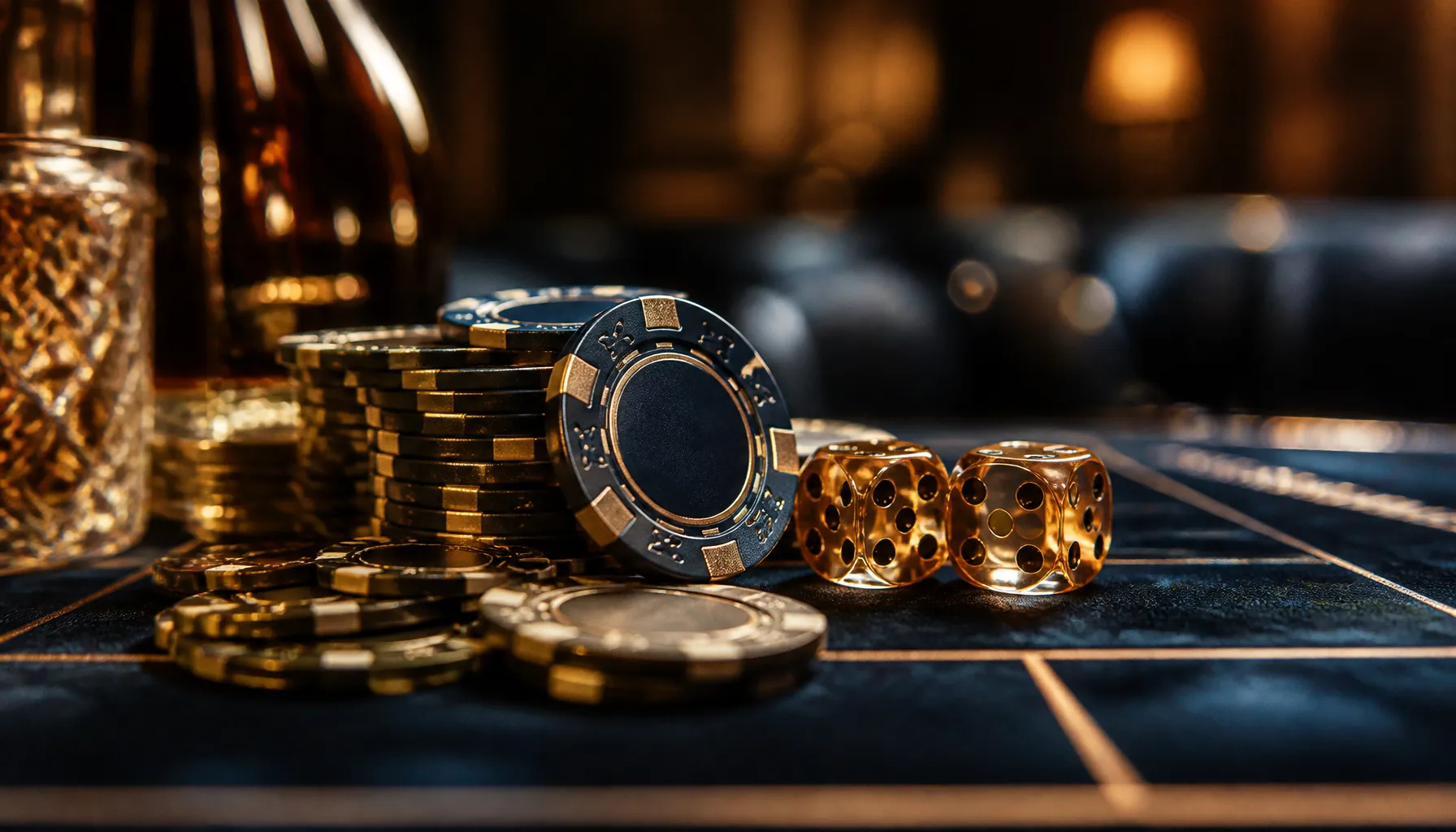 Close-up of fanned playing cards resting on deep emerald velvet with golden light accents and scattered casino chips