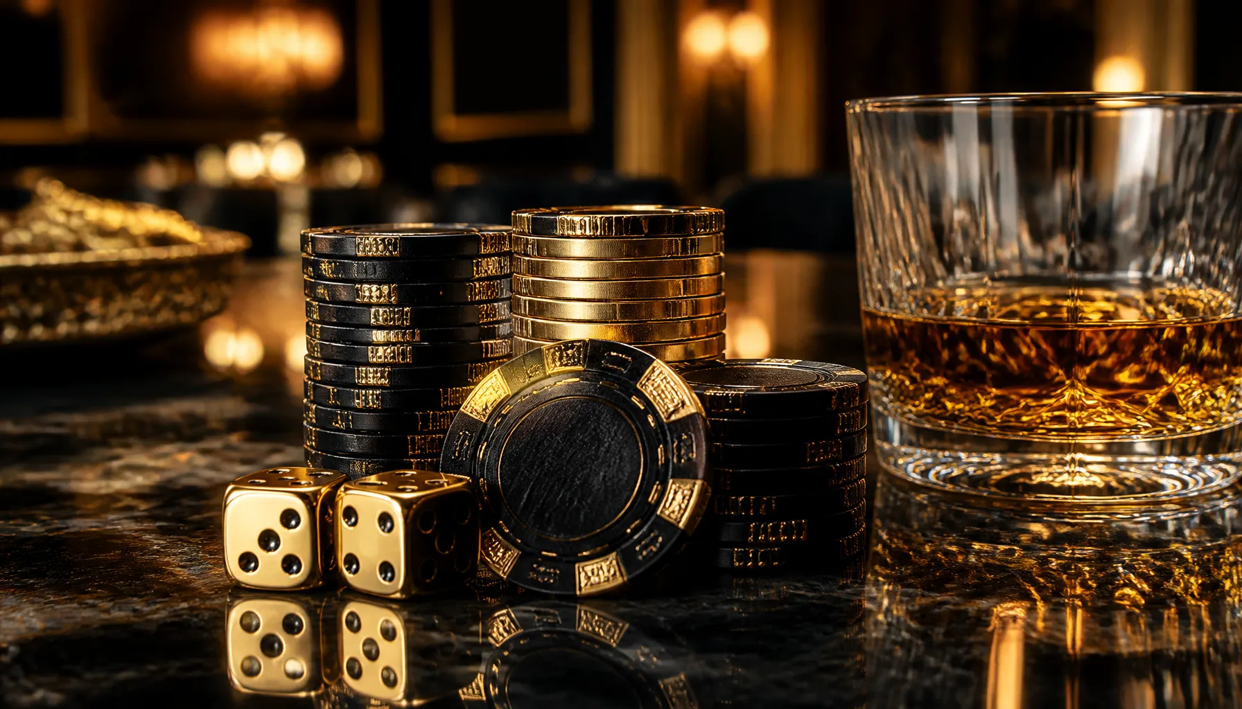 Close-up of fanned playing cards resting on deep emerald velvet with golden light accents and scattered casino chips