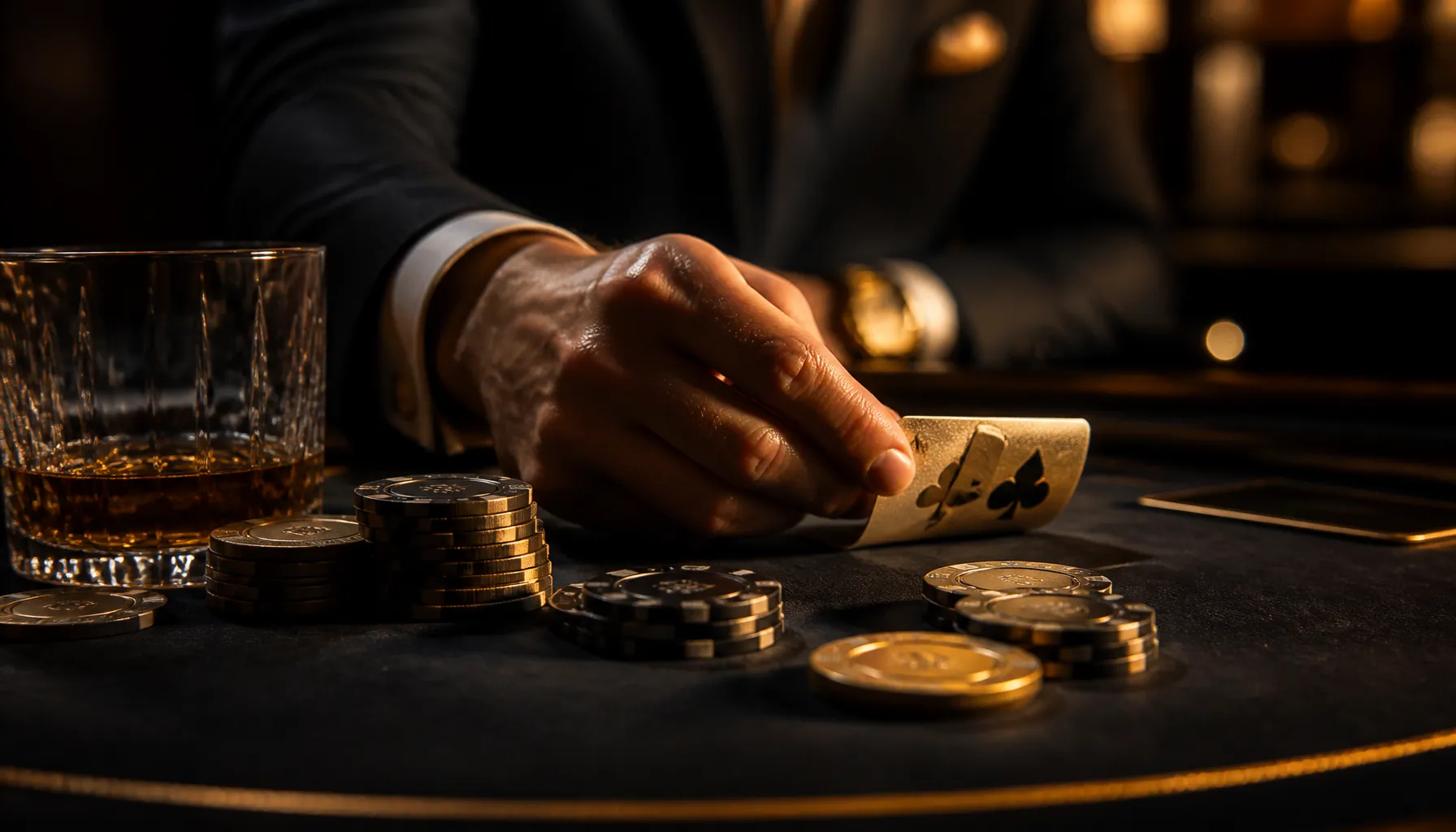 Close-up of fanned playing cards resting on deep emerald velvet with golden light accents and scattered casino chips
