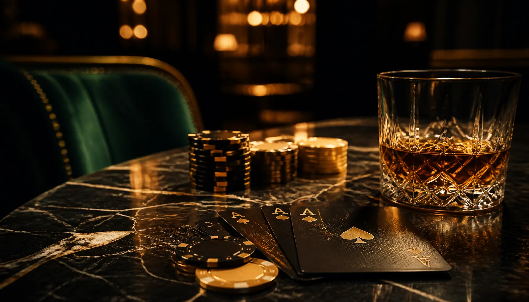 Close-up of fanned playing cards resting on deep emerald velvet with golden light accents and scattered casino chips